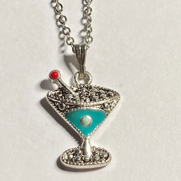 Martini Cocktail Drink Cup Glass Charm Necklace Pendant Aqua Enamel 18" Chain - Picture 4 of 9